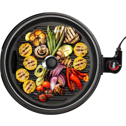 “Elite Gourmet Smokeless Indoor Electric BBQ Grill, 12-inch, nonstick, glass lid, new open box condition”