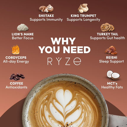 RYZE SUPERFOODS Mushroom Coffee Dark Roast, 6 Adaptogenic Mushrooms & Prebiotic Blend - 30 Servings