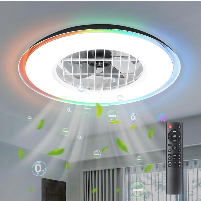 Flush mount ceiling fan with lights and remote control, six wind speeds, 21.65-inch diameter, energy-efficient design”
