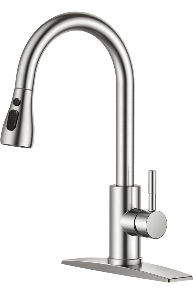FORIOUS Kitchen Faucet, brushed nickel, pull down sprayer, high arc single handle, stainless steel”
