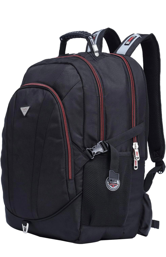 “FREEBIZ 55L laptop backpack, 21 inch high, fits 18.4 inch laptops, multiple compartments, external USB port, waterproof rain cover”