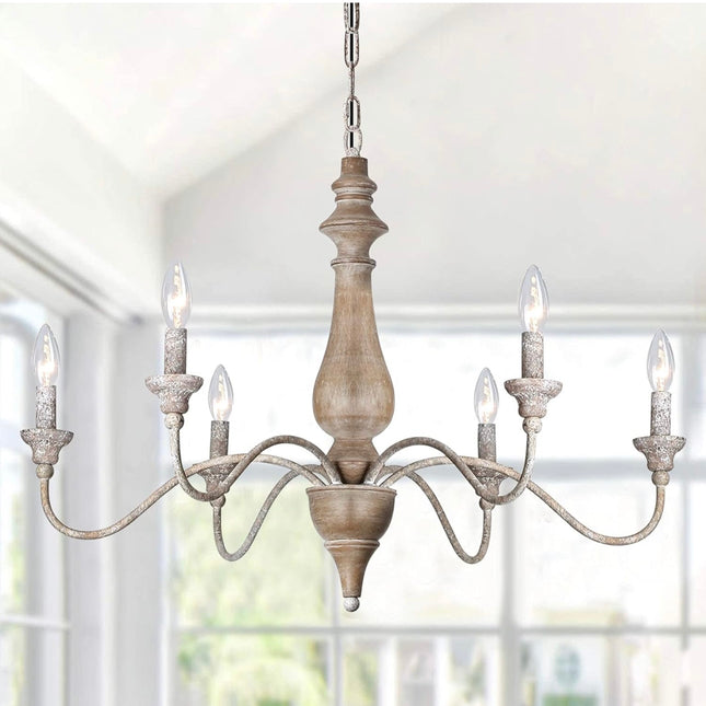 Rustic French Country chandelier with 6 lights, imitation wood finish, perfect for farmhouse decor”