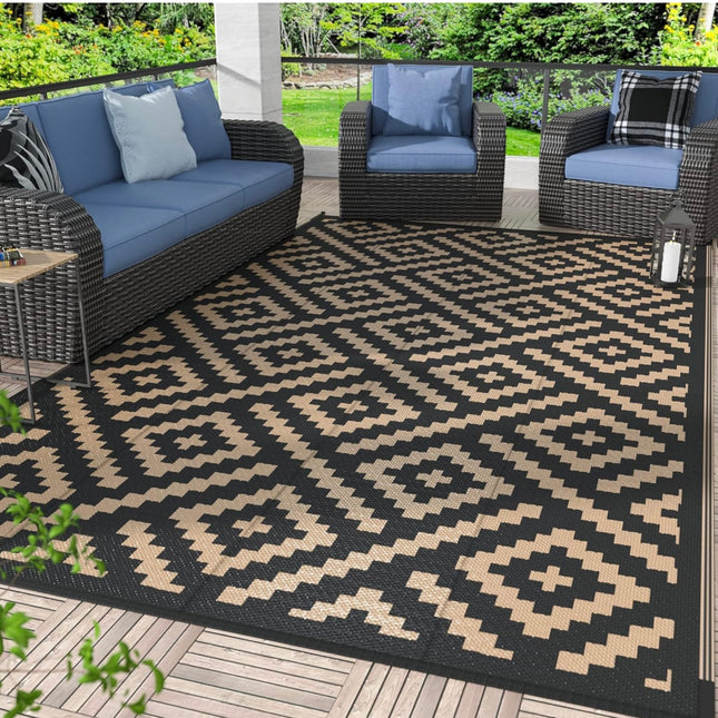  GENIMO Outdoor Rug 8x10 Waterproof Reversible Black & Brown, eco-friendly, UV-resistant, perfect for patio, RV, camping, beach”