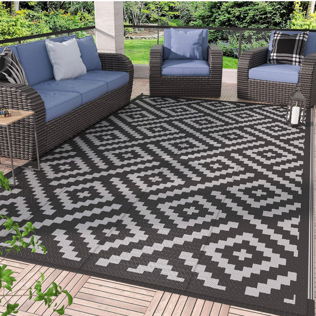 GENIMO Outdoor Rug, waterproof 9’x12’ black and gray reversible mat for patio, RV, camping, and outdoor spaces.”