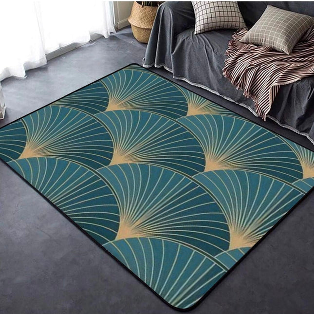 Golden elements on blue background Art Deco style rug, non-slip, soft indoor and outdoor carpet, 47x63 inch”