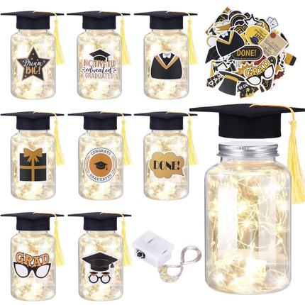 8 Pcs Graduation Jar Decorations with LED Lights, graduation party décor, customizable jars, table decorations”