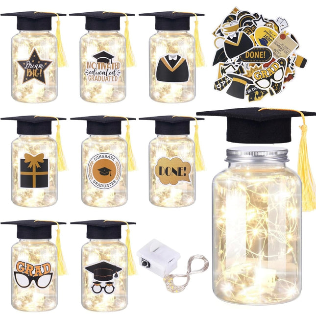 8 Pcs Graduation Jar Decorations with LED Lights, graduation party décor, customizable jars, table decorations”