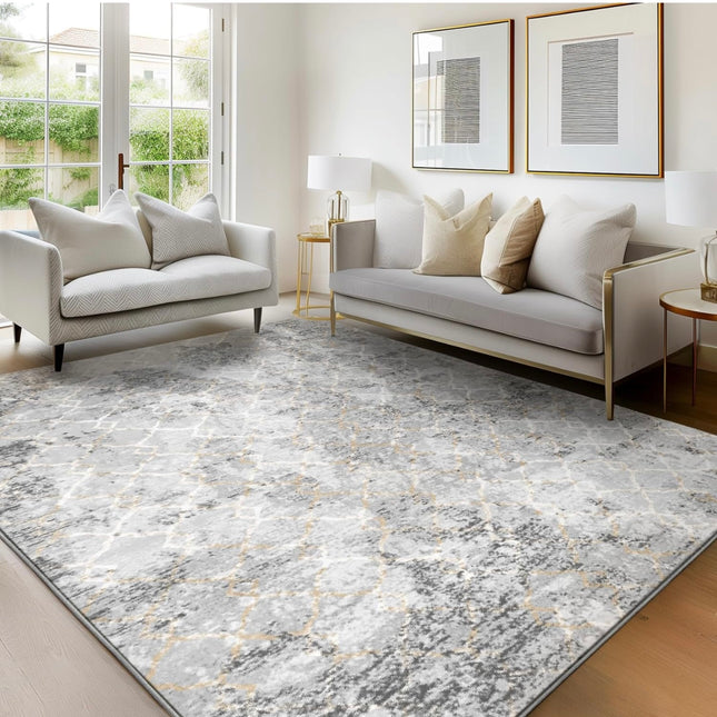 Grey 8x10 area rug, machine washable, non-slip, fade resistant, low pile carpet for living room and bedroom.”