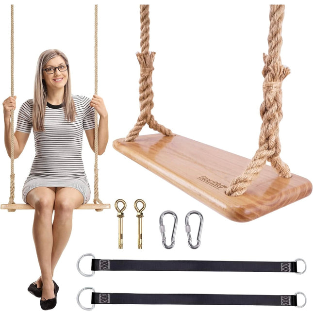 Hanging Wooden Swing Seat with Classic Hemp Rope, 24x8 inches, 500lbs capacity, for indoor and outdoor use”