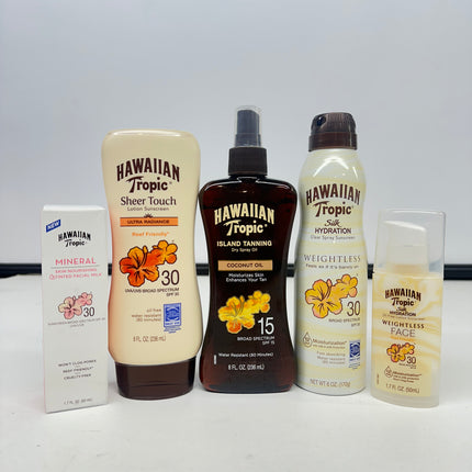 “Hawaiian Tropic Sunscreen 5-Pack Variety Set, new, SPF 15-30, broad-spectrum protection, expiration date 07/15/2025”