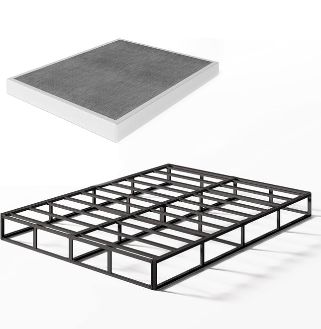 Heavy-duty steel bed frame with mattress foundation, queen size, white, open box, robust and durable support”