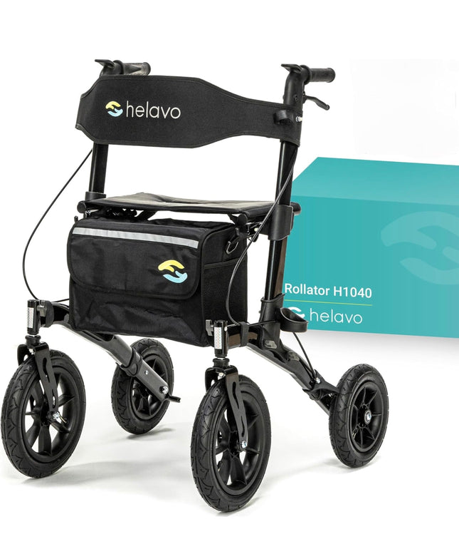 Helavo All Terrain Walker with Pneumatic Tires, foldable outdoor walker for seniors with seat, black”