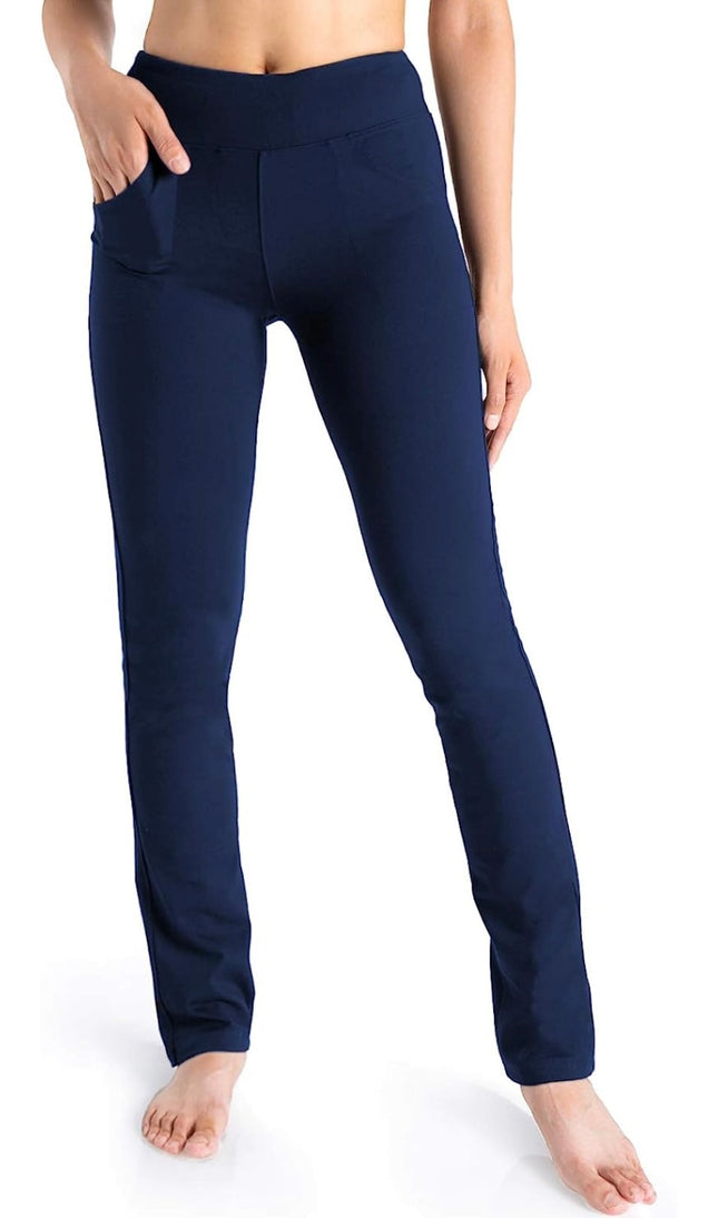 High-waist yoga pants with pockets, navy blue workout leggings, comfortable and functional athletic wear”
