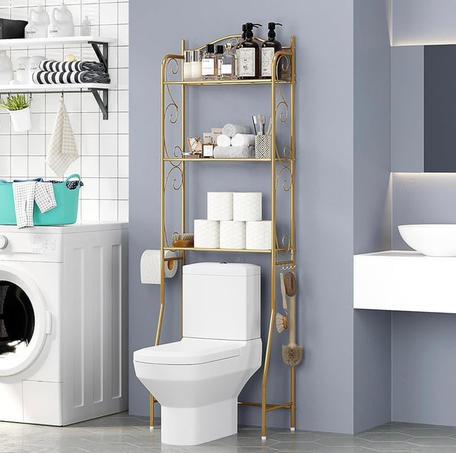 HOME BI 3-Tier Over-The-Toilet Storage Rack - Space-Saving Bathroom Organizer, Gold, Open Box