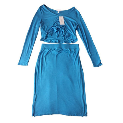 Isabel by Ingrid & Isabel women’s two-piece maternity set, new with tags, bright blue crop top and midi skirt