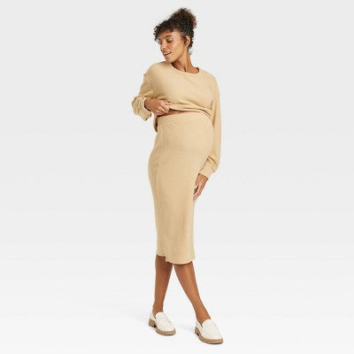 Isabel Maternity ribbed crop top and midi skirt set by Ingrid & Isabel, new with tags, size M, beige.
