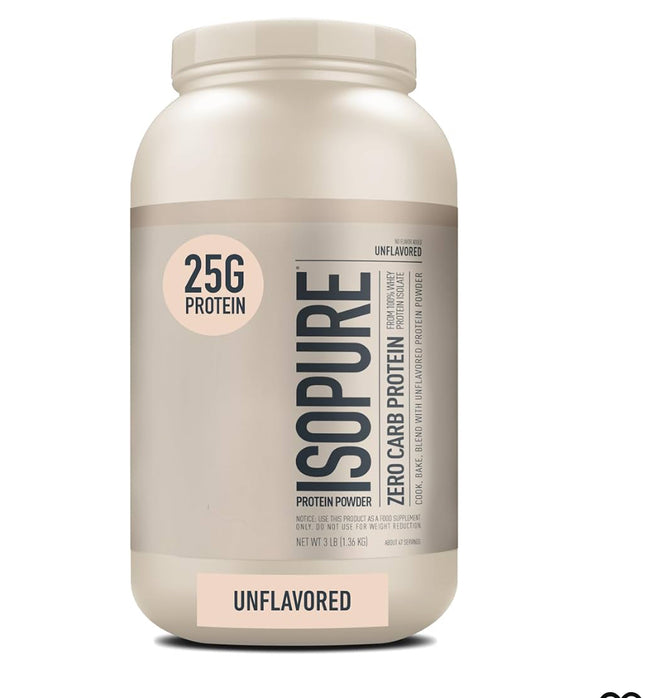Isopure Zero Carb Protein Powder in Unflavored, 3lb container, 25g protein per serving