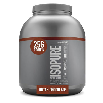 Isopure Low Carb Protein Powder in Dutch Chocolate flavor, 4.5lb container, 25g protein per serving”