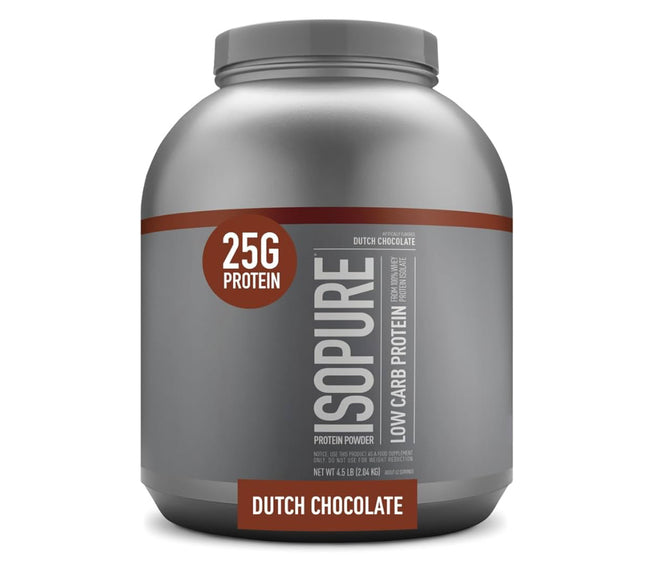 Isopure Low Carb Protein Powder in Dutch Chocolate flavor, 4.5lb container, 25g protein per serving”