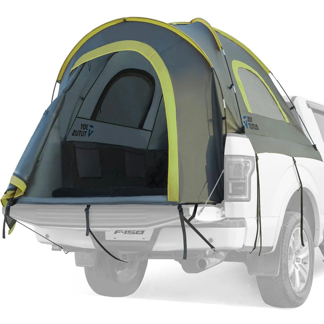 “JoyTutus pickup truck tent, waterproof with rainfly, fits 5.5’ to 6’ truck beds, new open box, gray green.”