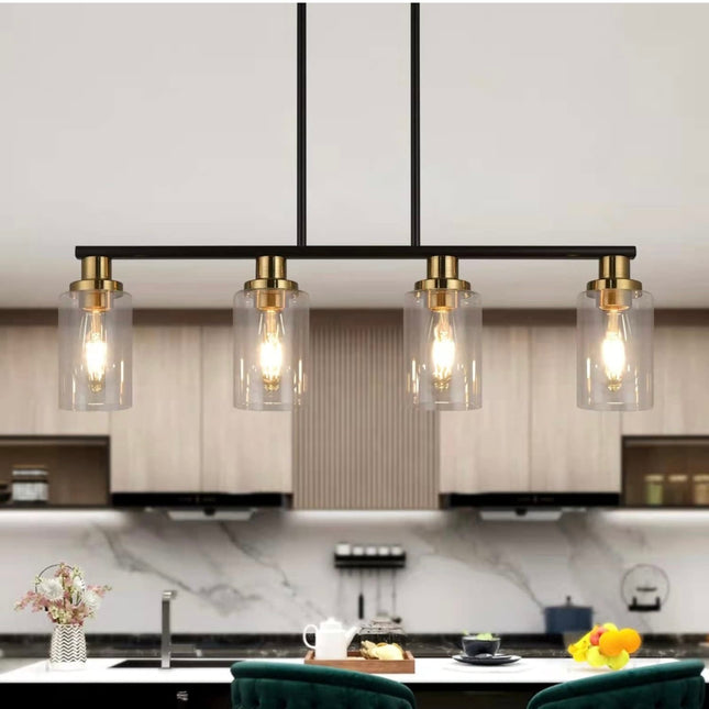 “KPIOK Island Light Fixture, 4-Light Dining Room Pendant, Matte Black and Gold Finish, Clear Glass Shades”
