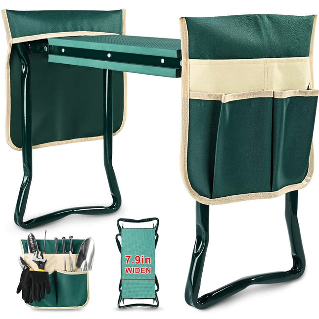 KVR Garden Kneeler and Seat, foldable gardener stool with thickened kneeling pad, heavy-duty construction, and tool pouches”