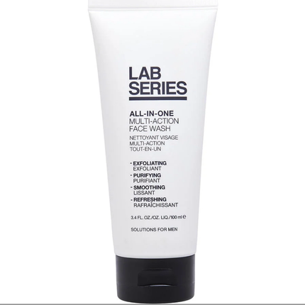 Lab Series All-In-One Multi-Action Face Wash, 3.4 oz, designed for men. Exfoliates, purifies, and refreshes for revitalized skin.