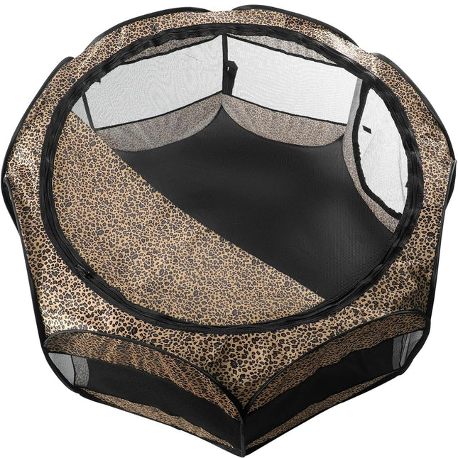 “Leopard print portable pet playpen, Lucky Monet brand, used open box, foldable and portable design”
