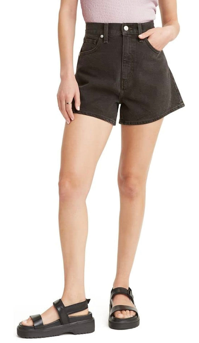 Levi’s High-Waisted Mom Shorts, size 26, black denim, high rise, relaxed fit through hip”