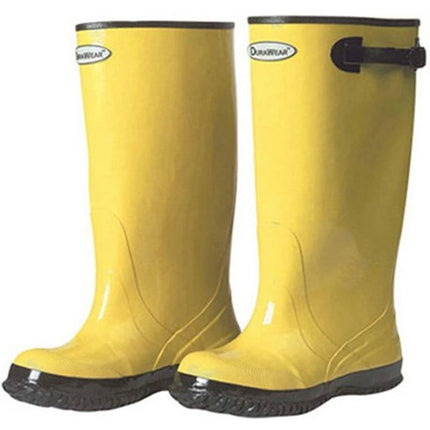  “Liberty DuraWear Men’s Yellow Rubber Boots, size 18, 17-inch height with top strap and buckle, slightly dirty but protective and slip-resistant”