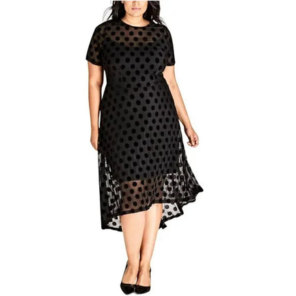 City Chic Women's Black Mesh Polka Dot Hi-Low Midi Dress, Plus Size 16, New