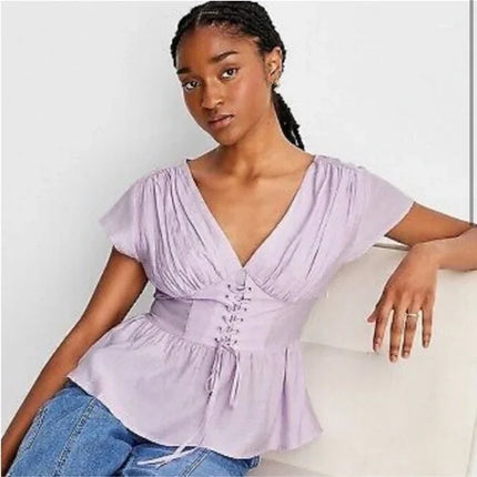 Women's Lavender Short Sleeve Corset Top - Future Collective with Reese Blutstein, New - Size M