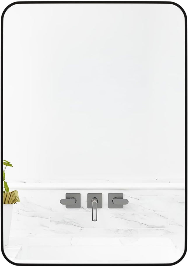 Manocorro 20 x 28 inch black rectangular wall mirror with rounded corners, new open box.”