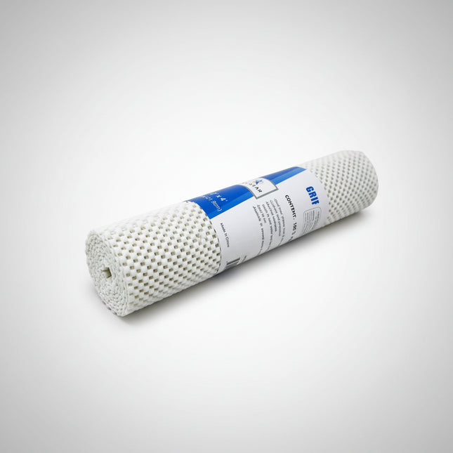 Roll of white filter material with a blue label on a white background
