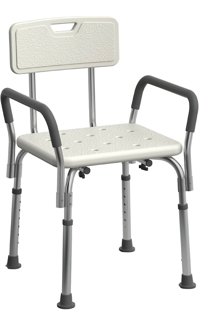 Medline shower chair with padded armrests and backrest, adjustable height, heavy-duty construction, non-slip feet, new open box”