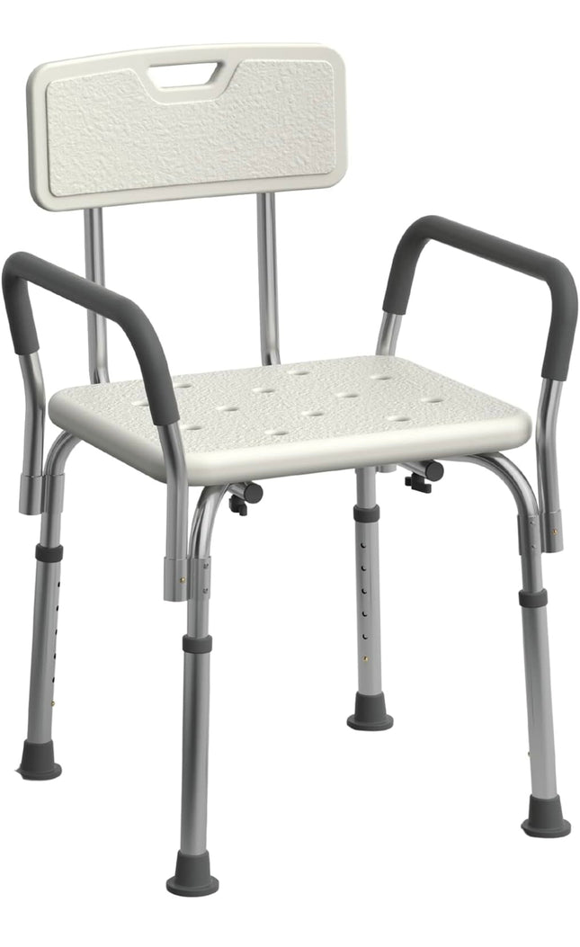 “Medline Shower Chair Seat with padded armrests, adjustable height, supports up to 350 lbs, non-slip feet”
