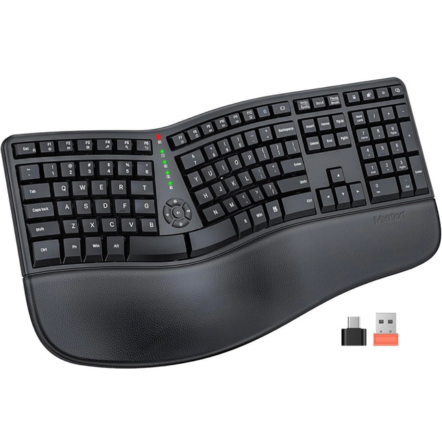 MEETION Ergonomic Keyboard, split wireless keyboard, cushioned wrist rest, USB-C adapter, black”