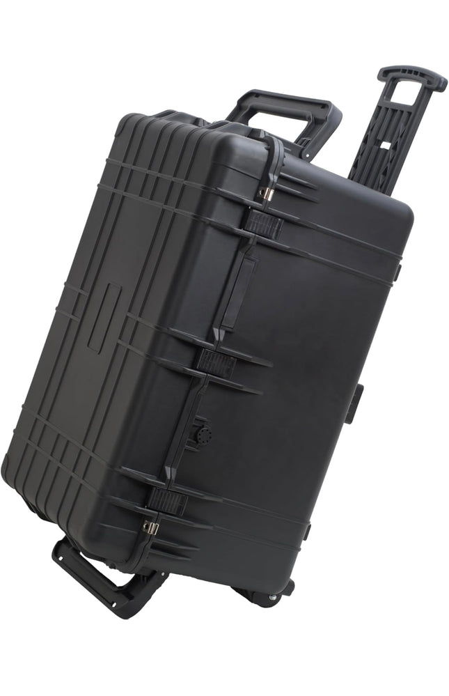 MEIJIA Portable Waterproof Protective Case - Hard Camera Case with Retractable Handle & Rolling Wheels, Customizable Foam Insert, 31.3” X 24.21” X 17.48”, Damaged
