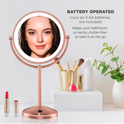 Conair Lighted Makeup Mirror, LED Vanity Mirror, 1X/10X Magnifying Mirror, Double Sided, Battery Operated - New - Rose Gold