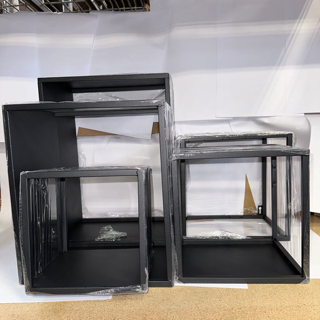 Modern 5-tier bookcase with unique stacking design, no screws required for assembly.”