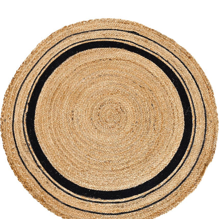  Natural jute round area rug with black accents, 4-foot diameter, eco-friendly, handwoven”
