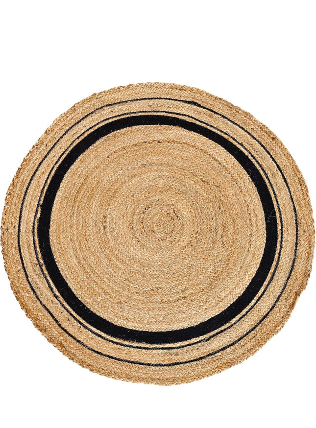 Natural jute round area rug with black accents, 4-foot diameter, eco-friendly, handwoven”
