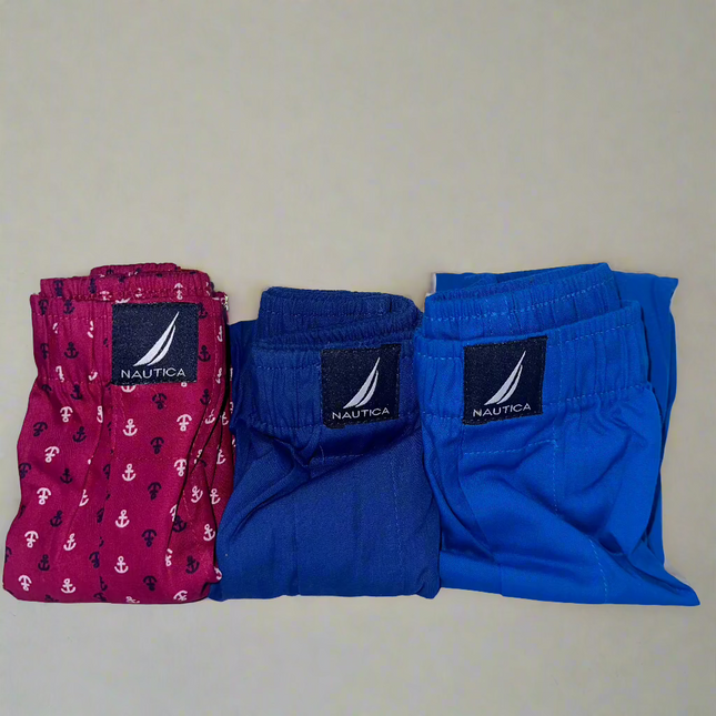 Nautica Men’s Woven Boxer Briefs 3-Pack, size L, 100% cotton with various colors and patterns