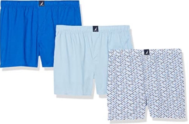 Nautica Men’s Woven Boxer Briefs 3-Pack, size L, 100% cotton with various colors and patterns”