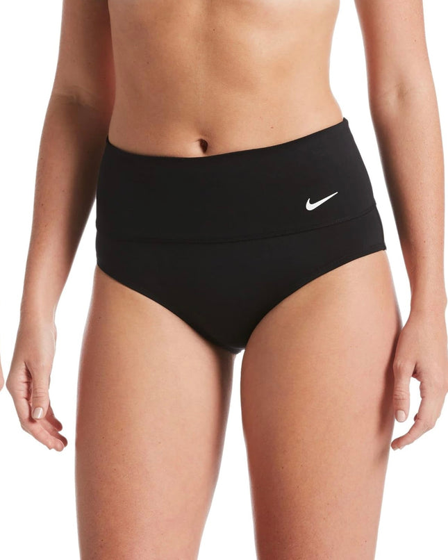 Nike Essential high-waist swim bottoms, new, size [Specify Size], black with Swoosh logo.