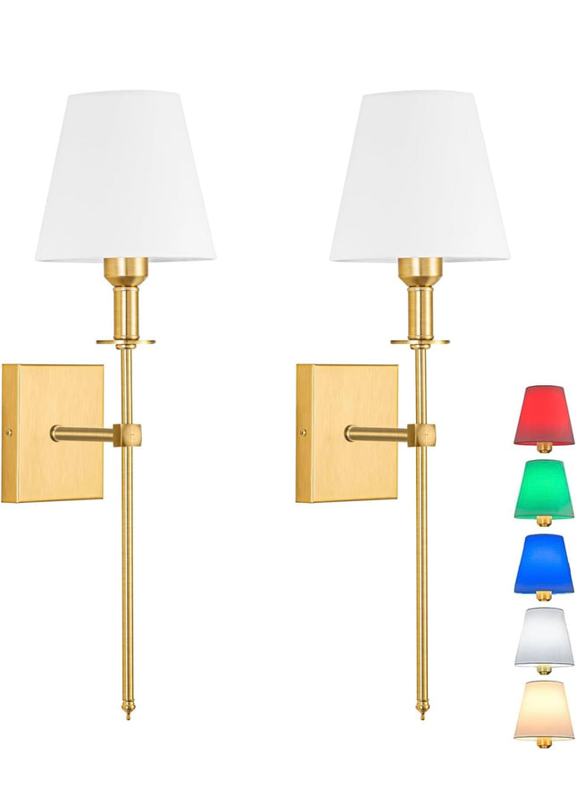  NIORSUN Battery Operated Wall Sconces Set of 2, gold finish, fabric shades, dimmable remote control, open box new”