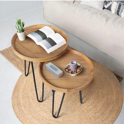 Oakrain round nesting tables set of 2, natural wood, with metal legs, for living room or bedroom”
