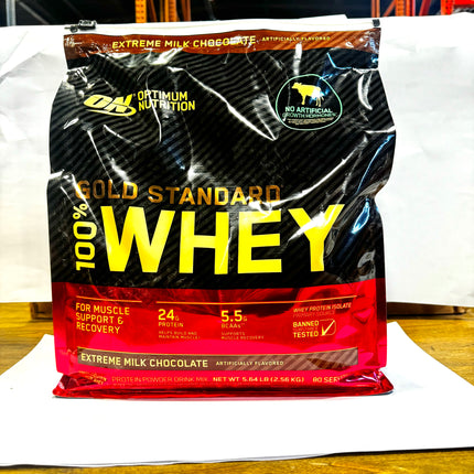 Optimum Nutrition Gold Standard 100% Whey Protein Powder in Extreme Milk Chocolate flavor, 5.64lb bag, 24g protein per serving, 80 servings