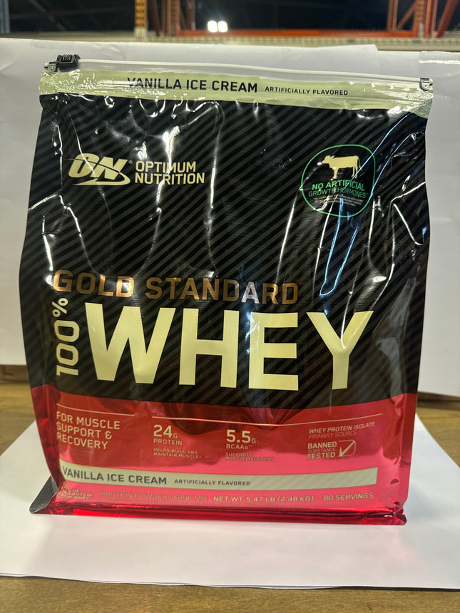 Optimum Nutrition Gold Standard 100% Whey Protein Powder in Vanilla Ice Cream flavor, 5.47lb bag, 24g protein per serving, 80 servings
