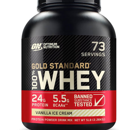 Optimum Nutrition Gold Standard 100% Whey Protein Powder in Vanilla Ice Cream flavor, 5lb container, 24g protein per serving
